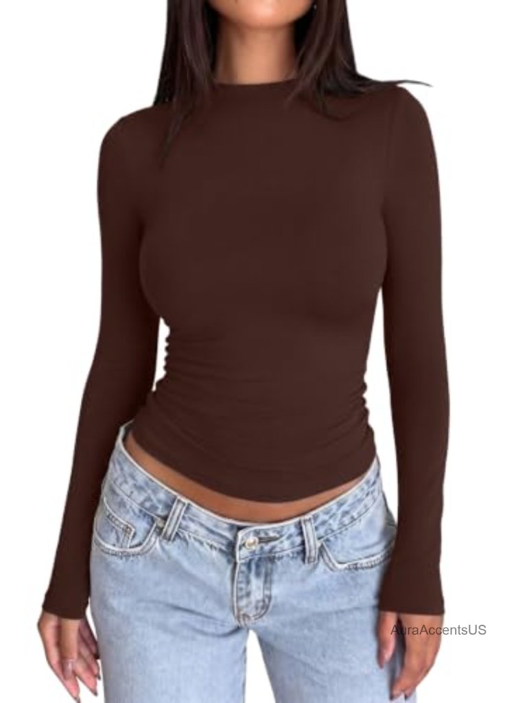 Women's Mock Neck Long Sleeve T-Shirt With Side Ruched Slim Fit